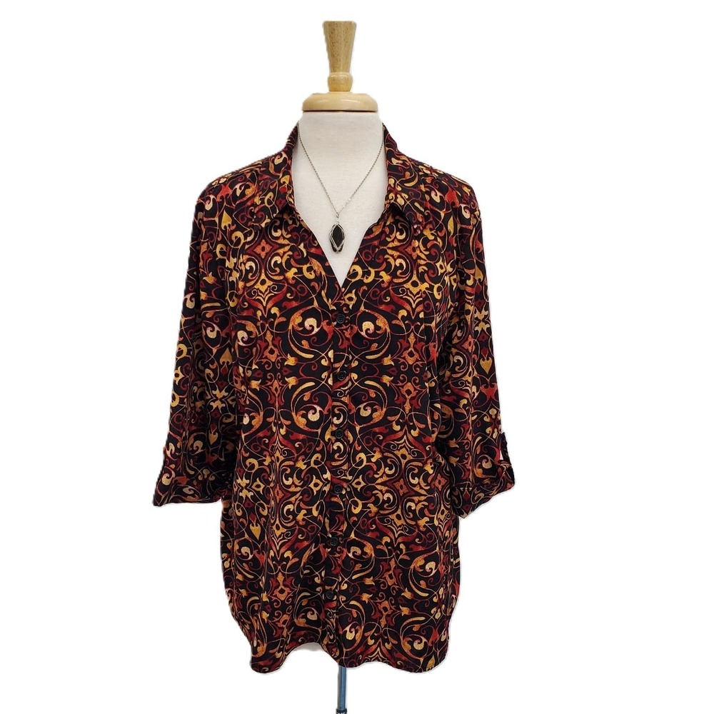 Catherines‎ Womens 2XWP Petite Red Black Baroque Scroll Print Blouse Top